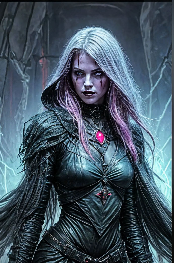 Emo pink power ranger
, black lips, green glowing eye, blood red wings, choker collar 
