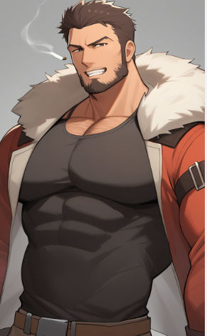 a bare chested  elf male with long wavy flowing black greying hair.slight beard stubble lounging on his couch