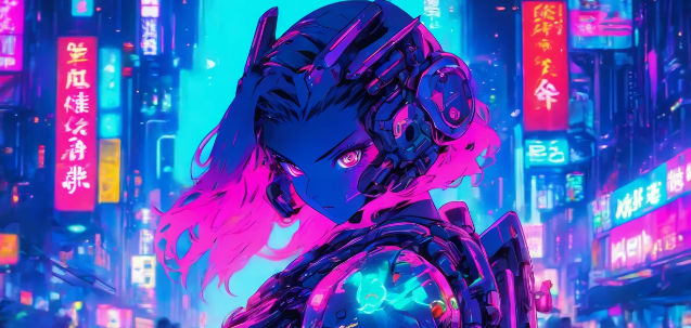 Medium shot of a female sci-fi protagonist in a snowy forest with a volcano in the distance as she walks throughs battle