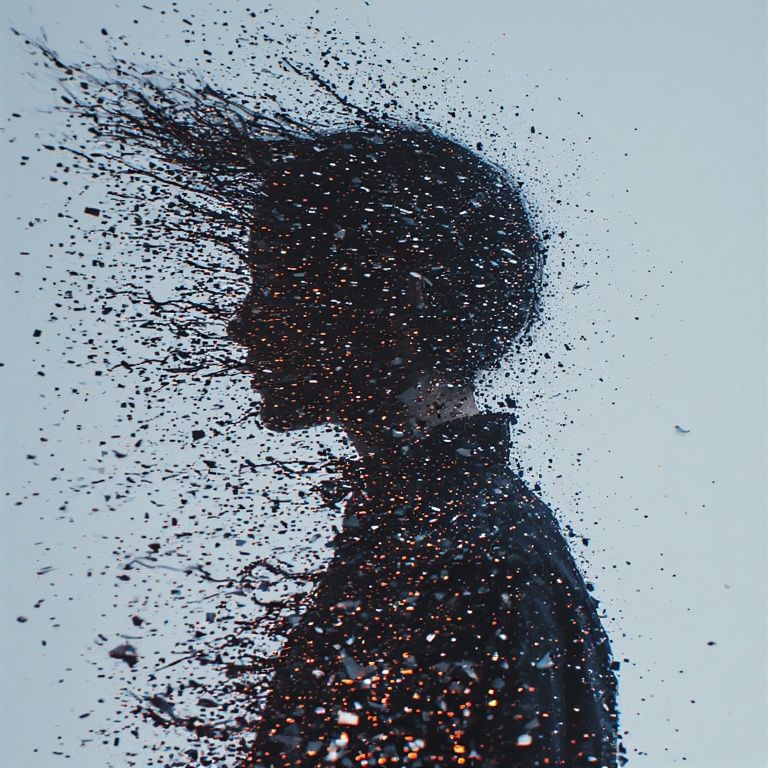  A woman with impossibly long, dark hair that dissolves into digital static and fragmented pixels, Cinematic film still, shot on v-raptor XL...