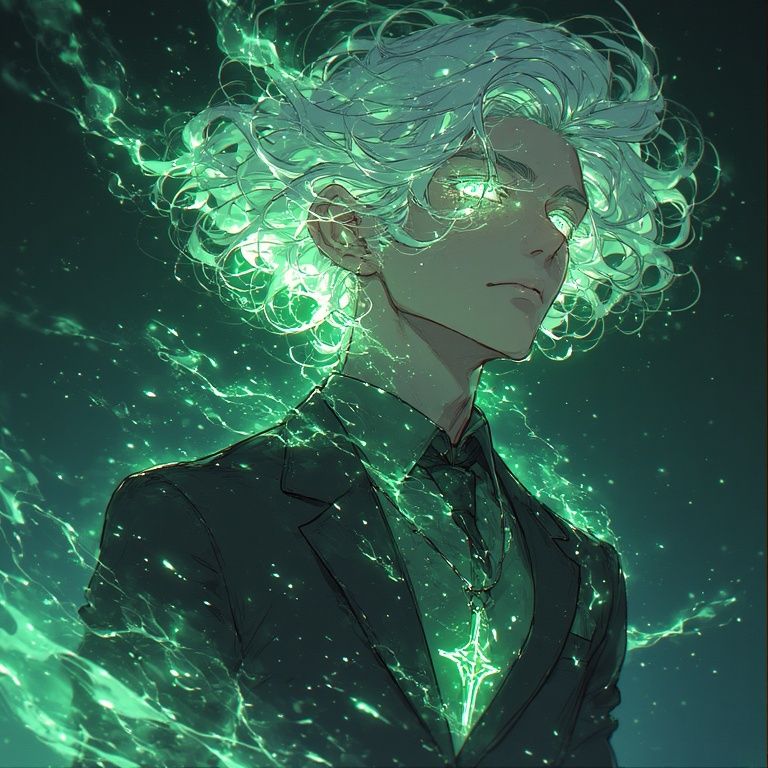 A Handsome Jade Void god he has flowing green hair, eyes  that burn like jade flames  his suit  expensive ,green   he has glowing markings