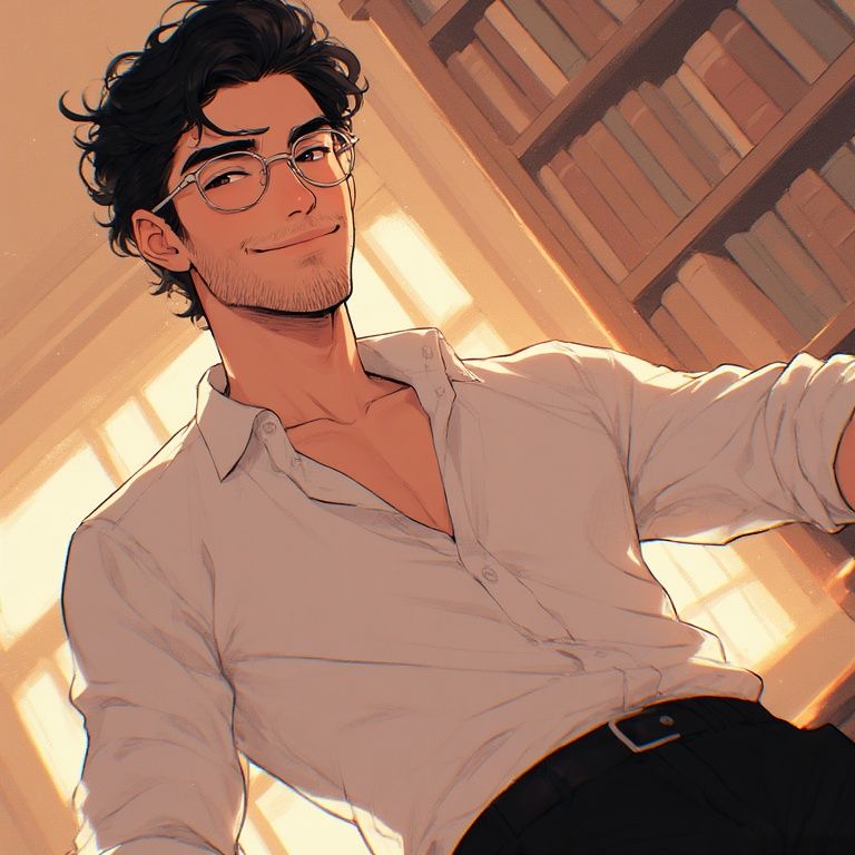 A handsome middle aged teacher with black hair,beard stubble,glasses a gentle smile,white dress shirt and black slacks  behind him a library...