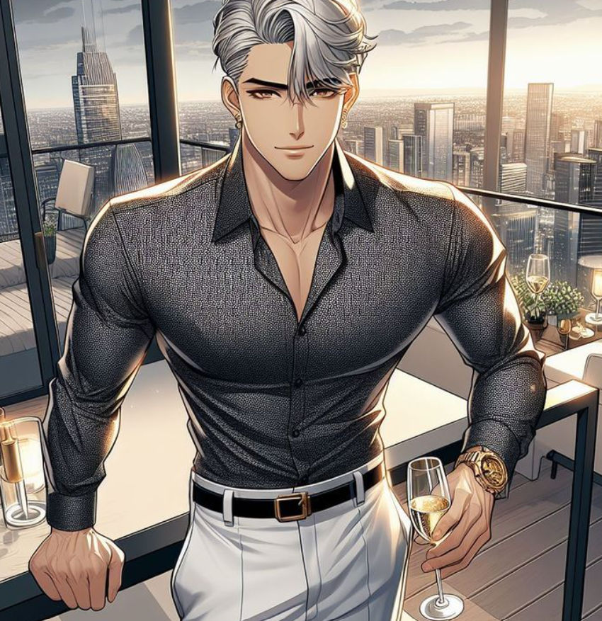 A very good looking male mafia boss  b lack hair,beautiful blue eyes and smug smirk