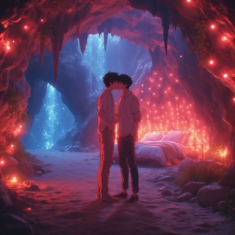 A sweet gay  couple in a love grotto