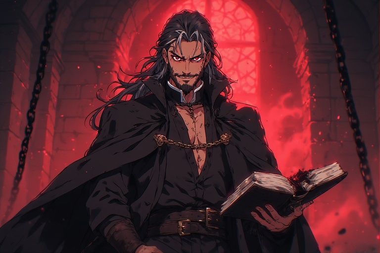 A handsome male  anime priest standing in a dimly lit dungeon bathed in crimson light,