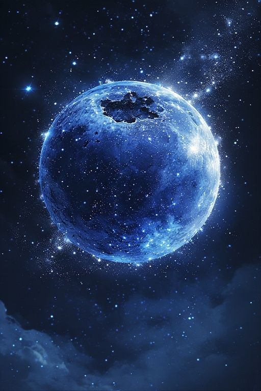 A single, translucent blueberry hovering against a deep cosmic backdrop. Its skin shimmers with the cool, ethereal glow of moonlight, reveal...
