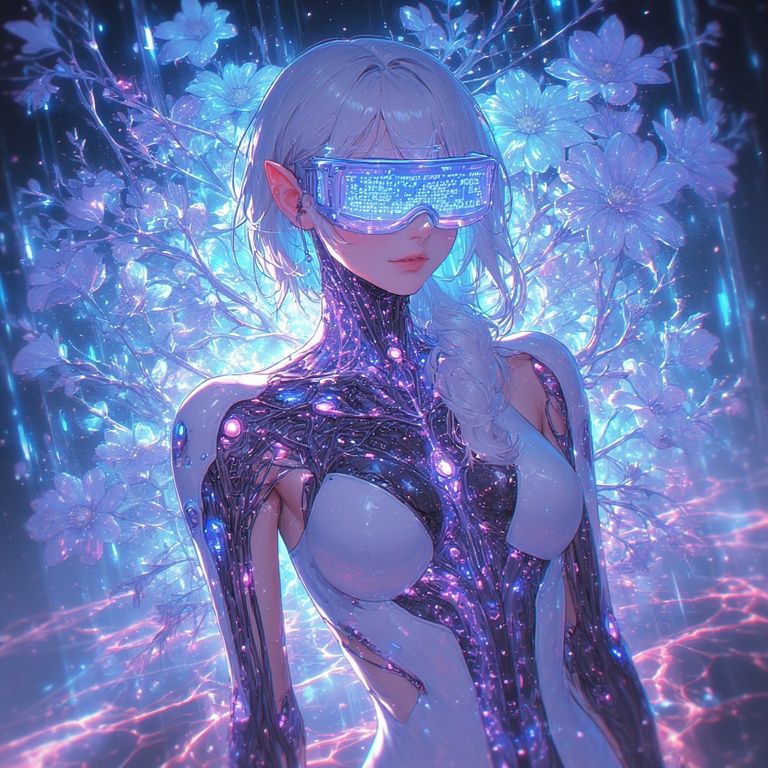 <lora:Powerful Women:1.0> <lora:Beautiful women:1.0> A woman with impossibly long, dark hair that dissolves into digital static and fragment...