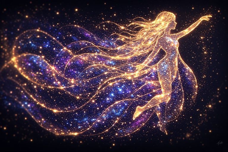 A luminous, translucent figure suspended in cosmic darkness, her entire form composed of swirling, glittering star dust ...