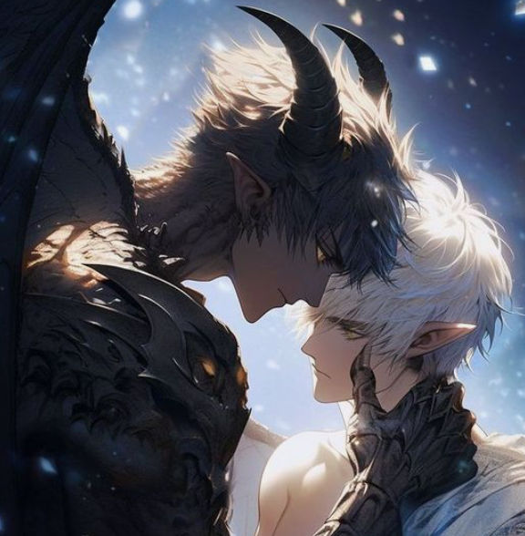 A very good looking male prismatic demon almost kissing a stunning angel dilf
