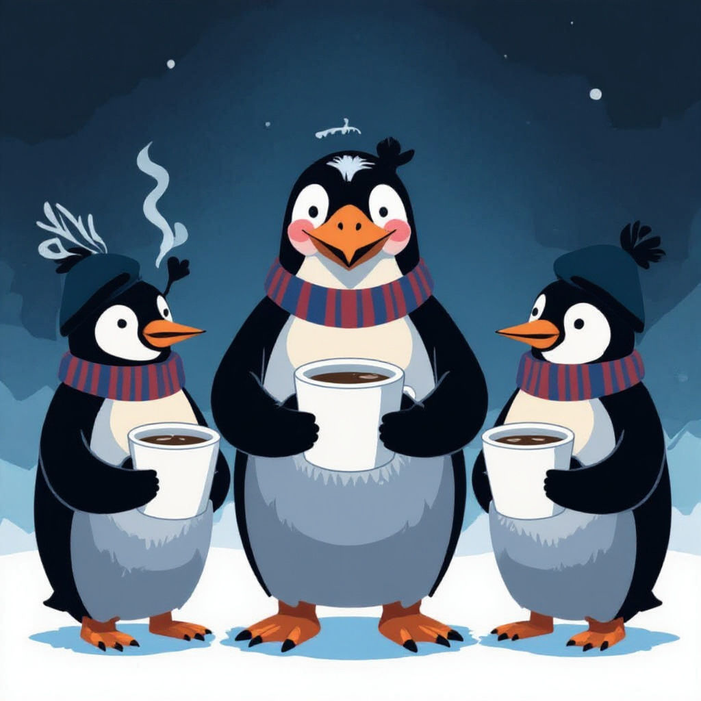 All three penguins are holding one cup of coffee each and doing a wild Gregory Hines style tap dance with big feet movem...