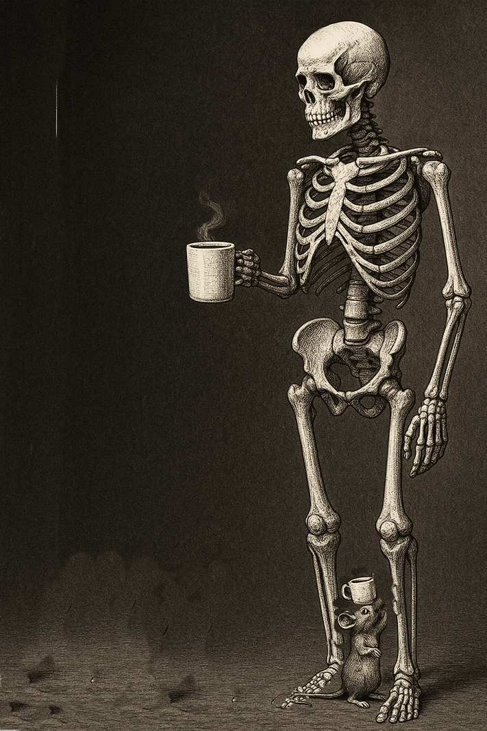 The skeleton puts the cup to his open mouth to drink and the liquid coffee travels down through the skeleton's rib cage ...