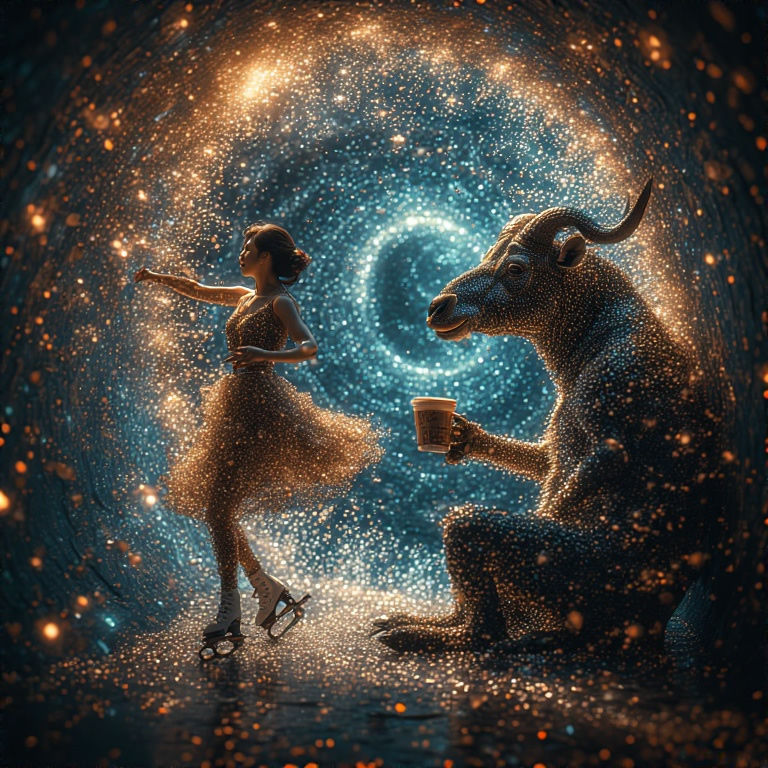 Woman drinks coffee while skating in a circle from start position back to start position while the other character drinks coffee