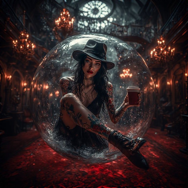 She drinks the coffee waving with the other hand as she in the bubble float up and a way to the back upper right