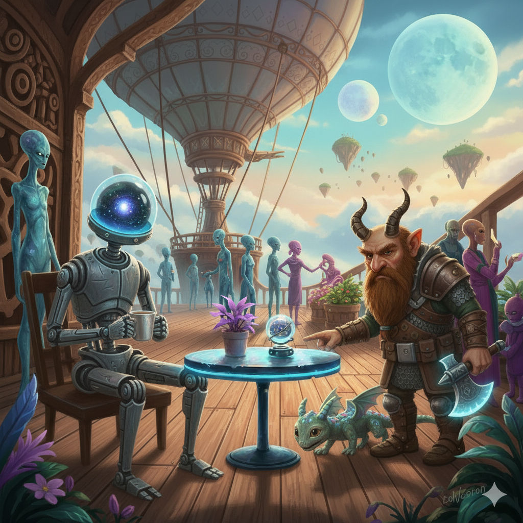 A reunion of friends from several timelines having coffee and cake at a long table! - Start Image 2