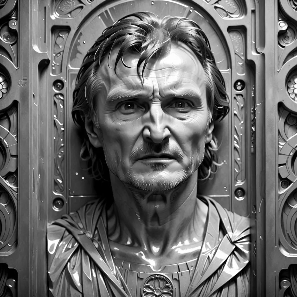 A statue of Liam Neeson is in a wall cavity inside a castle. 