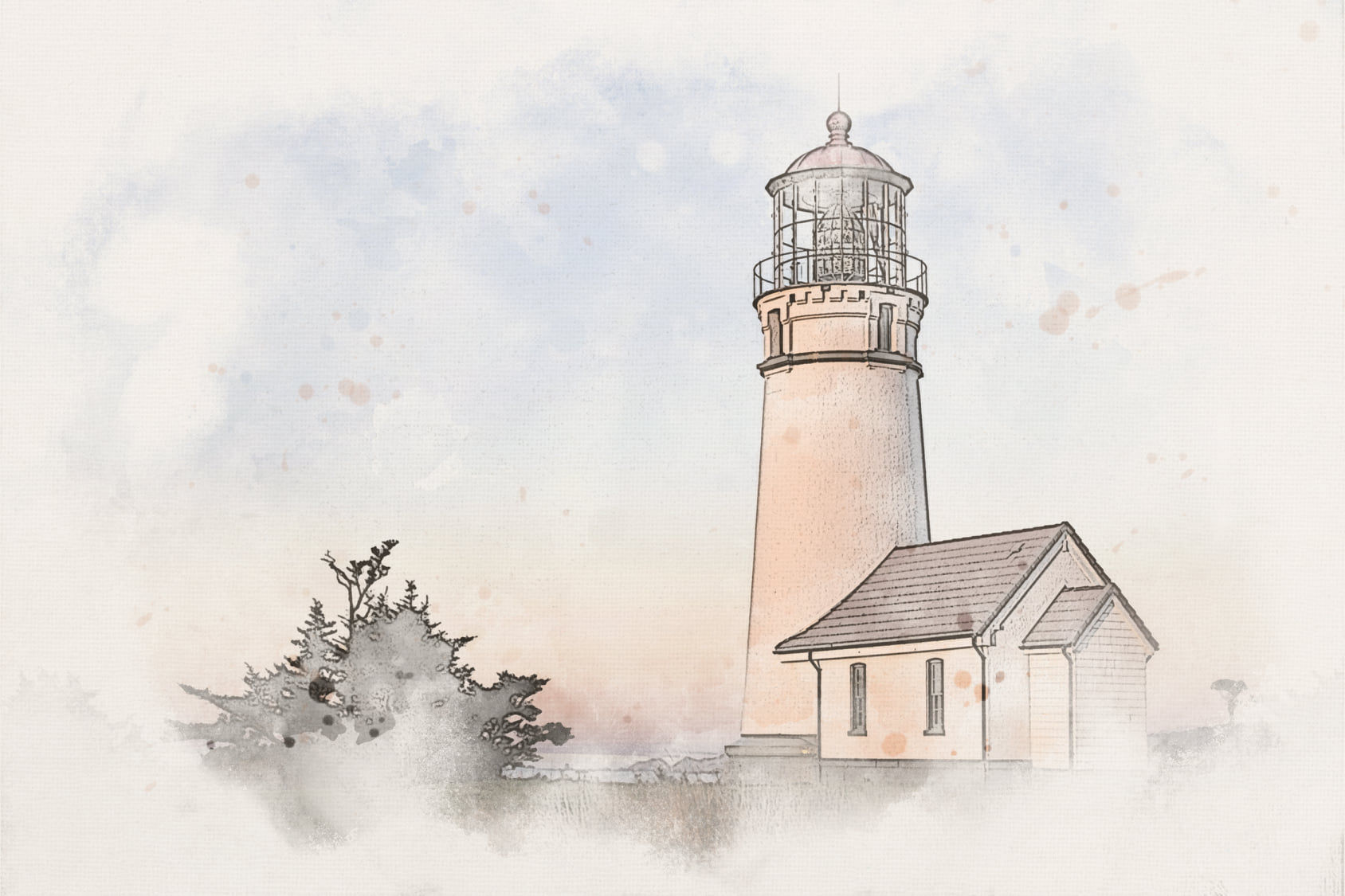 A misty look at a lighthouse tower with a small house near the coast!