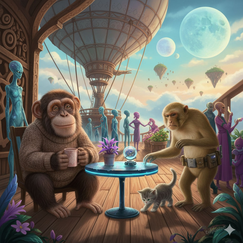 A reunion of friends from several timelines having coffee and cake at a long table! - Start Image 1