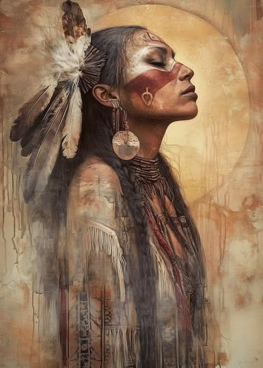 Een serene oude Apachee-vrouw versierd met een vloeiend gewaad dat ingewikkeld geweven is met patronen die doen denken aan obsidiaan en jade...