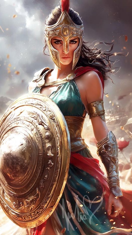 An Amazone  warrior, adorned with intricate war paint and feathers, stands on a desolate alien planet overlooking a nebula. The sky is fille...