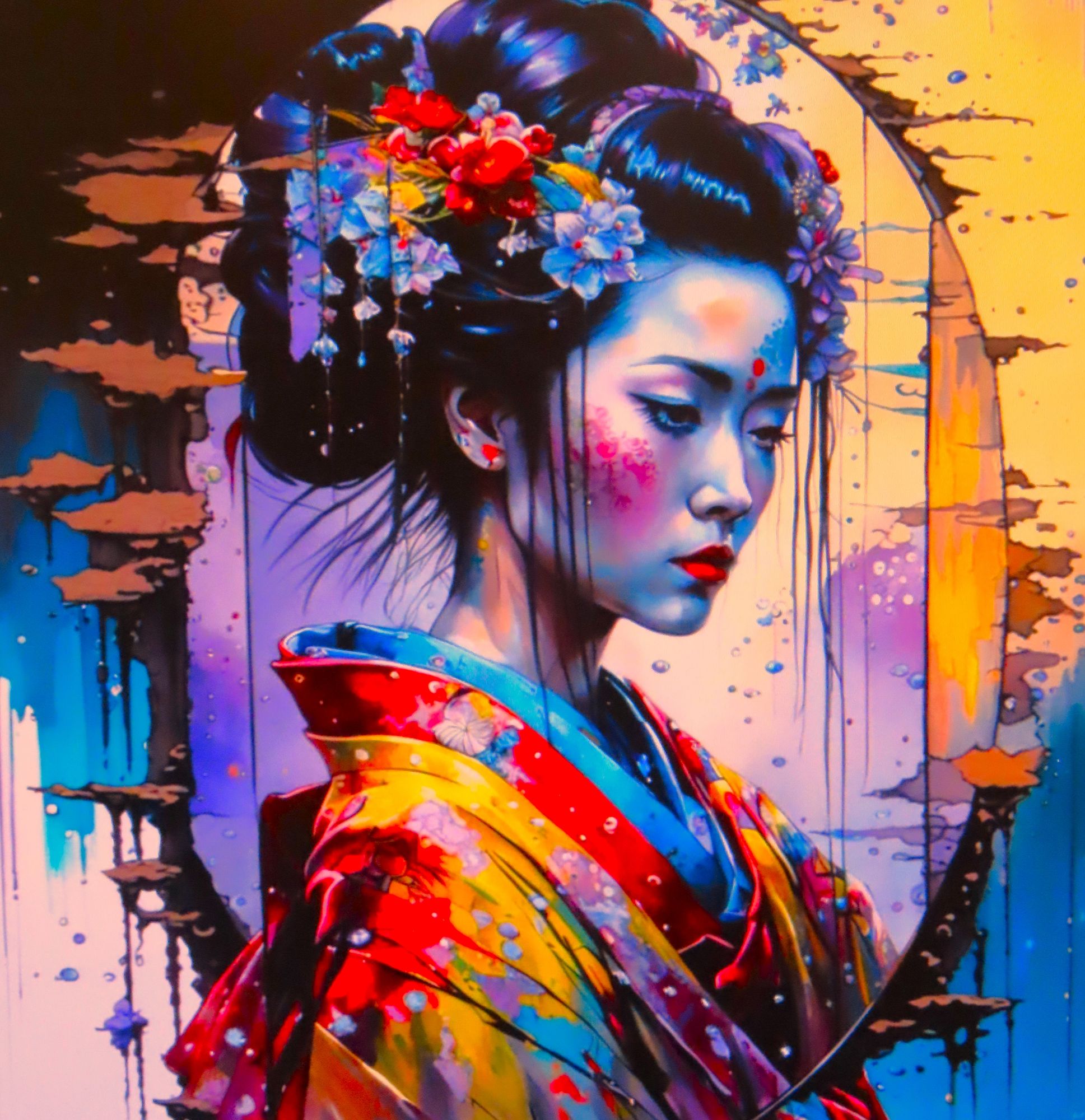 A loneGeishastands on a rain-slicked, neon-lit street corner in a sprawling futuristic metropolis. The city's towering chrome skyscrapers re...