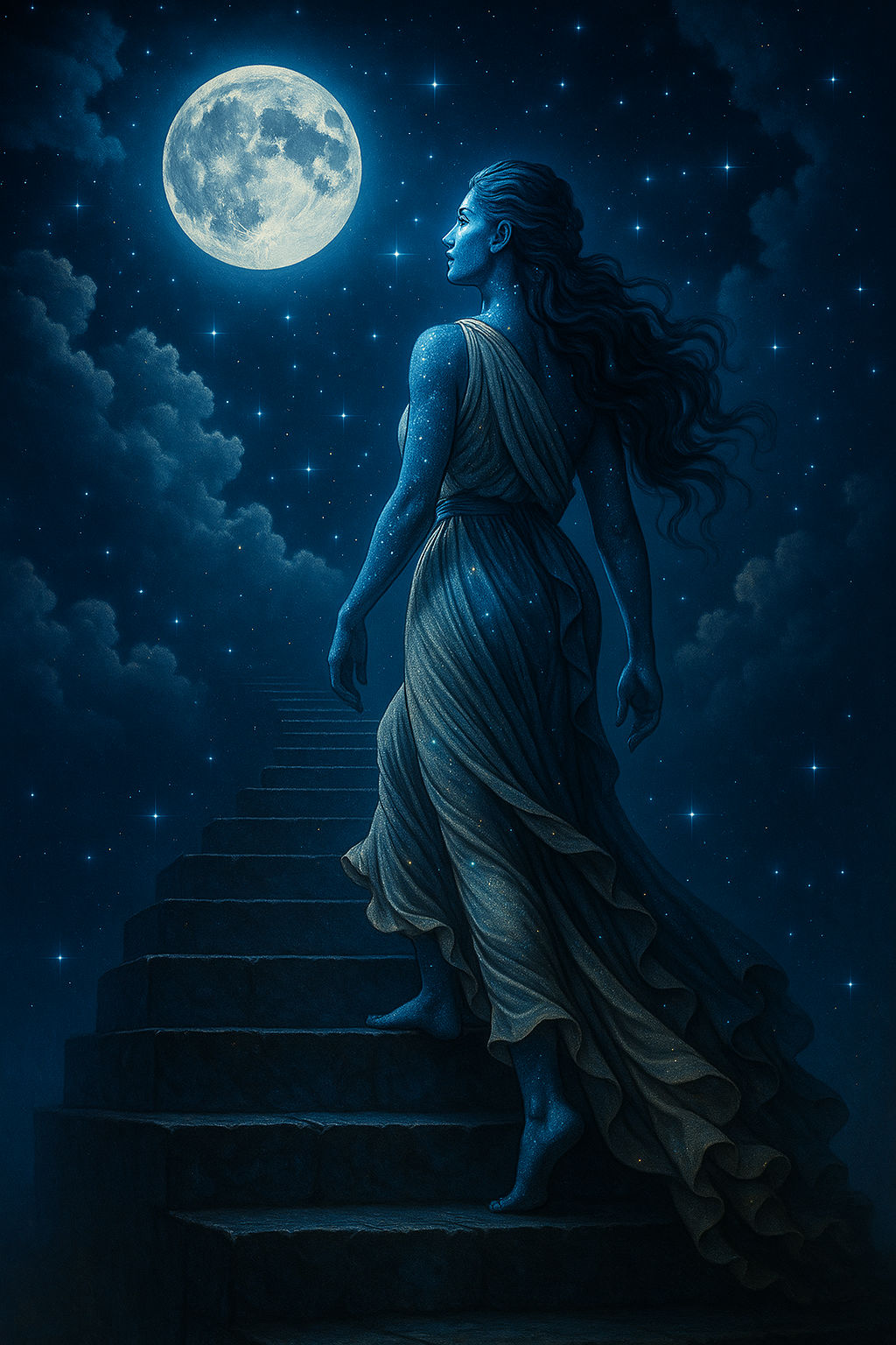 she walks up the stairs to the clouds