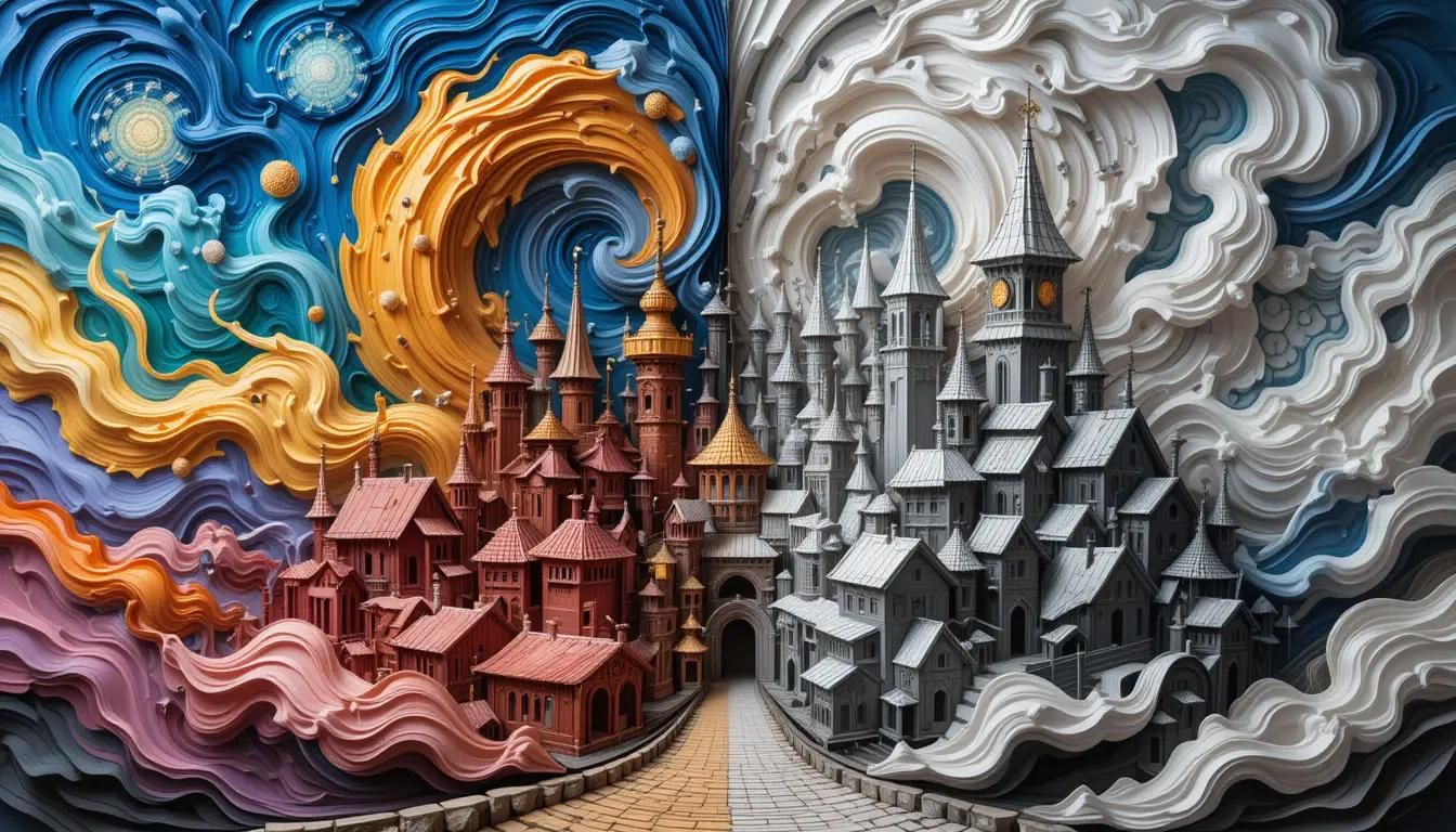 Ankh-Morpork is split in half, with one side depicted as a vibrant, colorful oil painting and the other side rendered as a monochrome 3D pap...