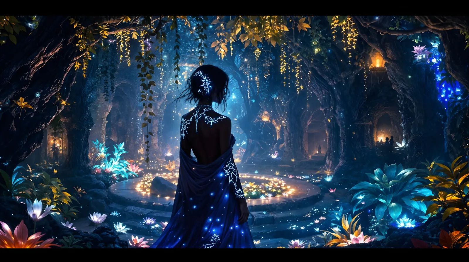 A beautiful woman, in profile and back, luminescent, in a beautiful garden with a ground-level stone fountain lined with luminescent flowers...