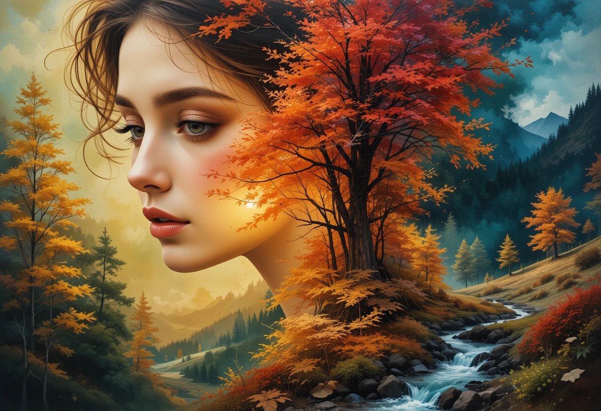 Double exposure of a spectacular mountain forest in autumn. A river, various trees with reddish and brown leaves. In the foreground, the pro...