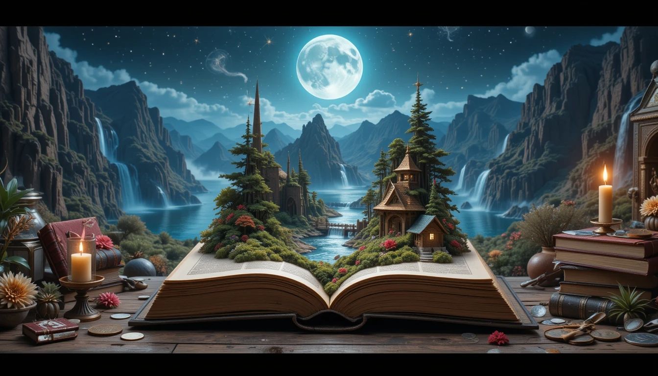A cinematic 3D rendering of a scene where an ornate, ancient book opens to reveal a small, fantastical landscape. This landscape features a ...