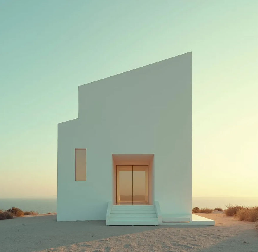 add a Polaroid circular shaped window to the building's exterior buildings design. modern white front door is glass and spans around the bot...