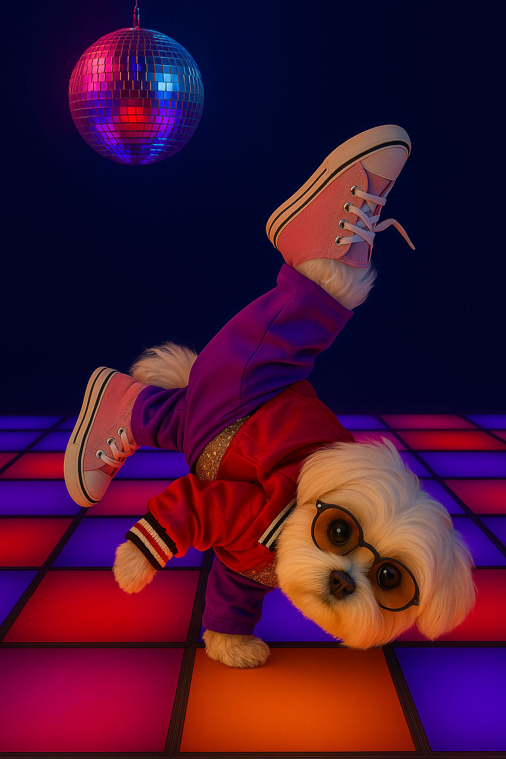 A stylish Maltese dog dressed in denim and sneakers performs a spinning break dance move on a colorful dance floor, as a...
