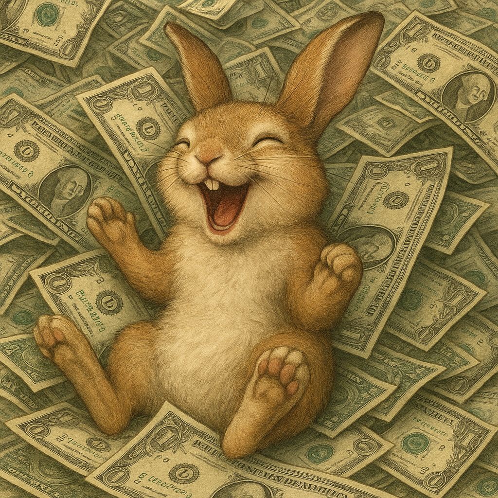 A joyful cartoon bunny rejoices in a pile of money
