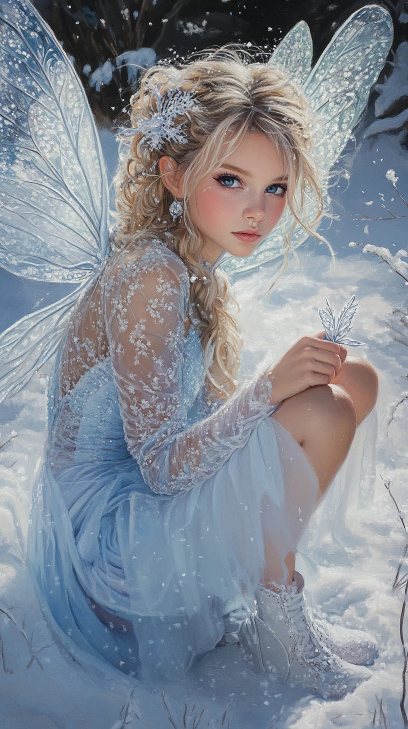 A snow fairy sits in the snow, gazing at the viewer with a gentle, melancholic expression. She wears a sheer, light blue dress adorned with ...