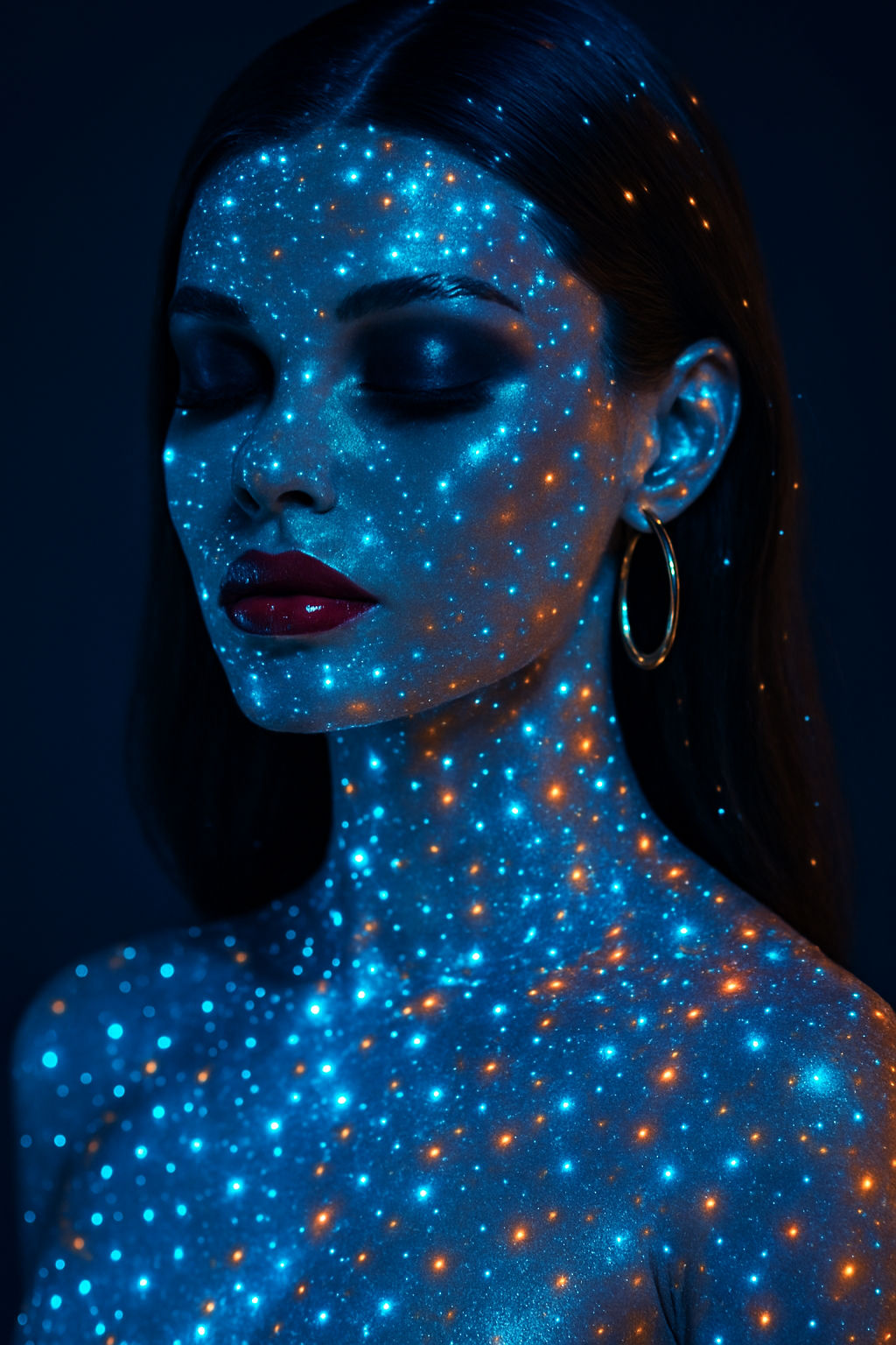 Ultra-detailed hyper-realistic female portrait, glowing blue skin texture with thousands of sparkling stars and glowing ...