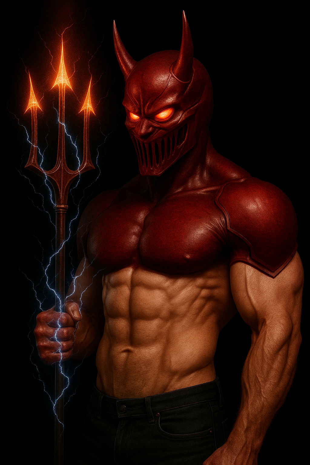 A demonic warrior in dark red metallic armor stands in darkness, gripping a glowing trident. He slowly turns his head to...