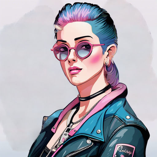 80s era punk style woman, leather jacket, pink and blue hair, sunglasses, illustration, high res