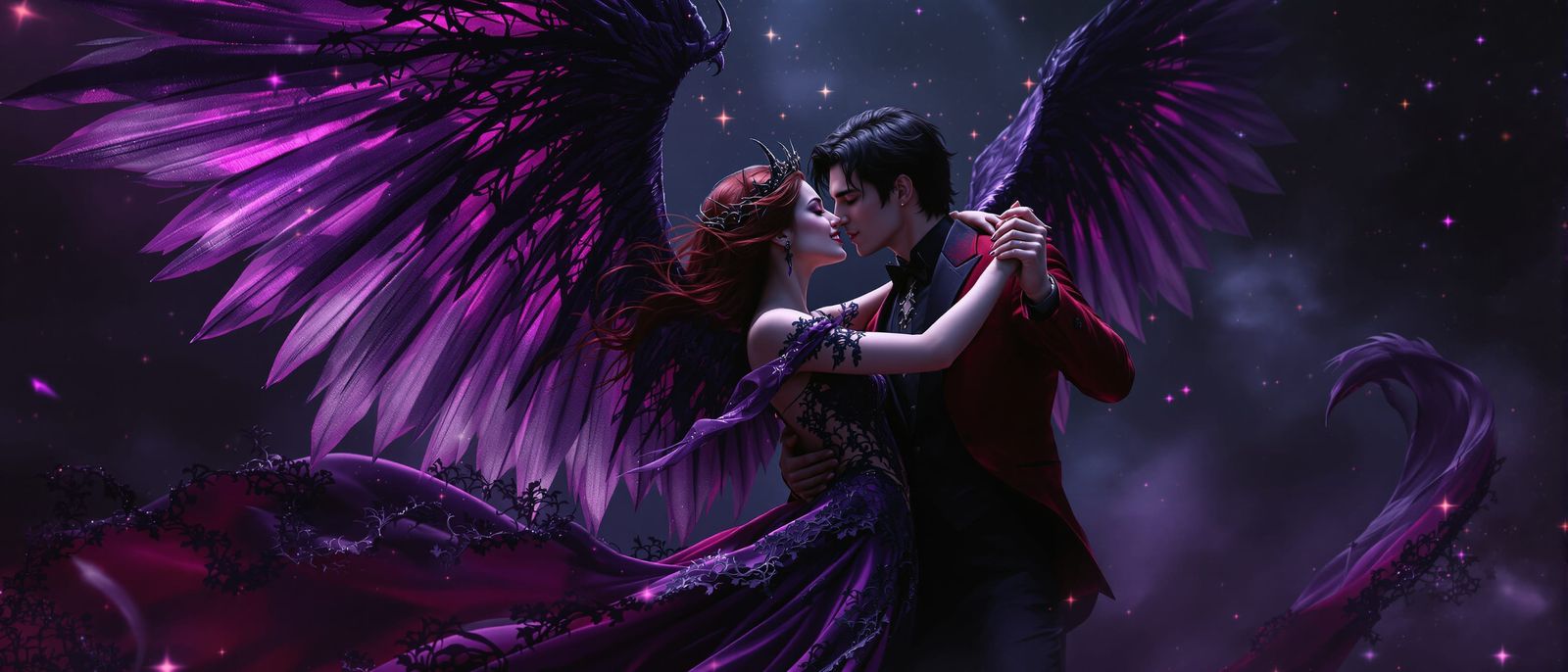 Angel of death, full-body portrait, with darkred hair and dark purple eyes. Her dark purple dress flows around her like ...