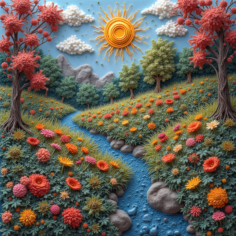 **Bauhaus Botanical:** A woman with a geometric, Bauhaus-inspired hairstyle, wearing a dress made of stylized plant forms, stands in a lands...