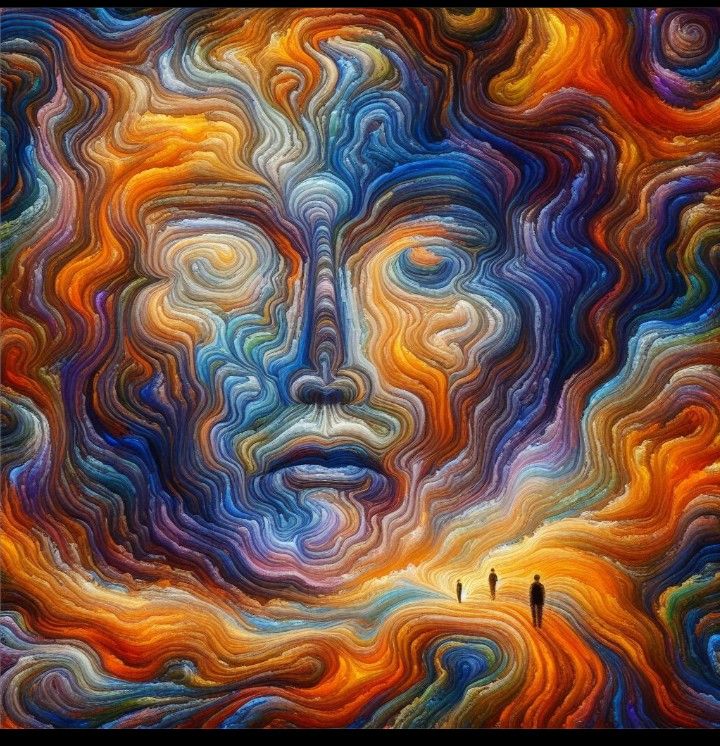 stylized portrait of a woman, painted in a Cubist or geometric style.  The woman's face and body are broken down into geometric shapes and b...