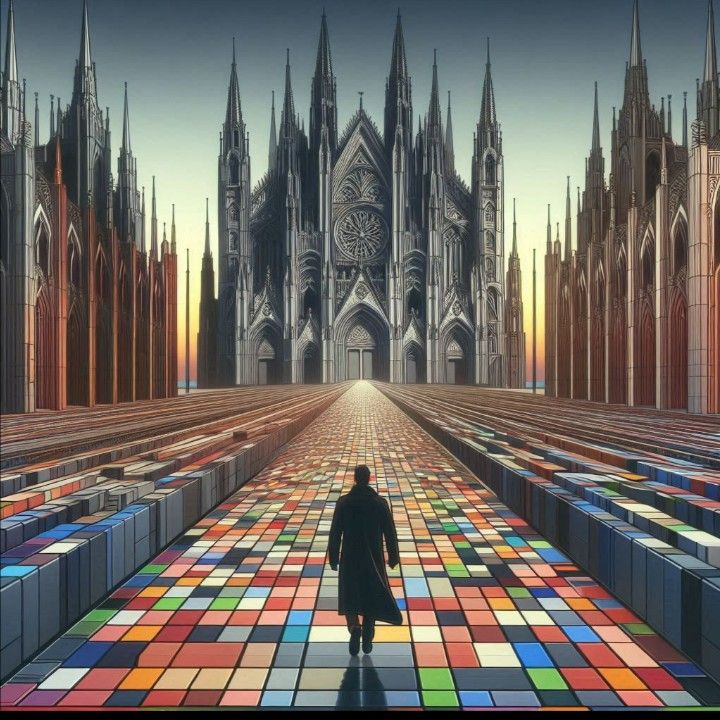 Create a surreal, biomorphic fractal landscape featuring multiple layers of organic-like textures and structures. The scene is a complex ama...