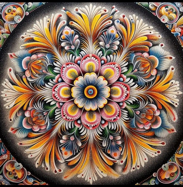 The picture is a vibrant, impressionistic-style painting.  It depicts a yellow house with teal shutters, situated in a garden setting.  Here...