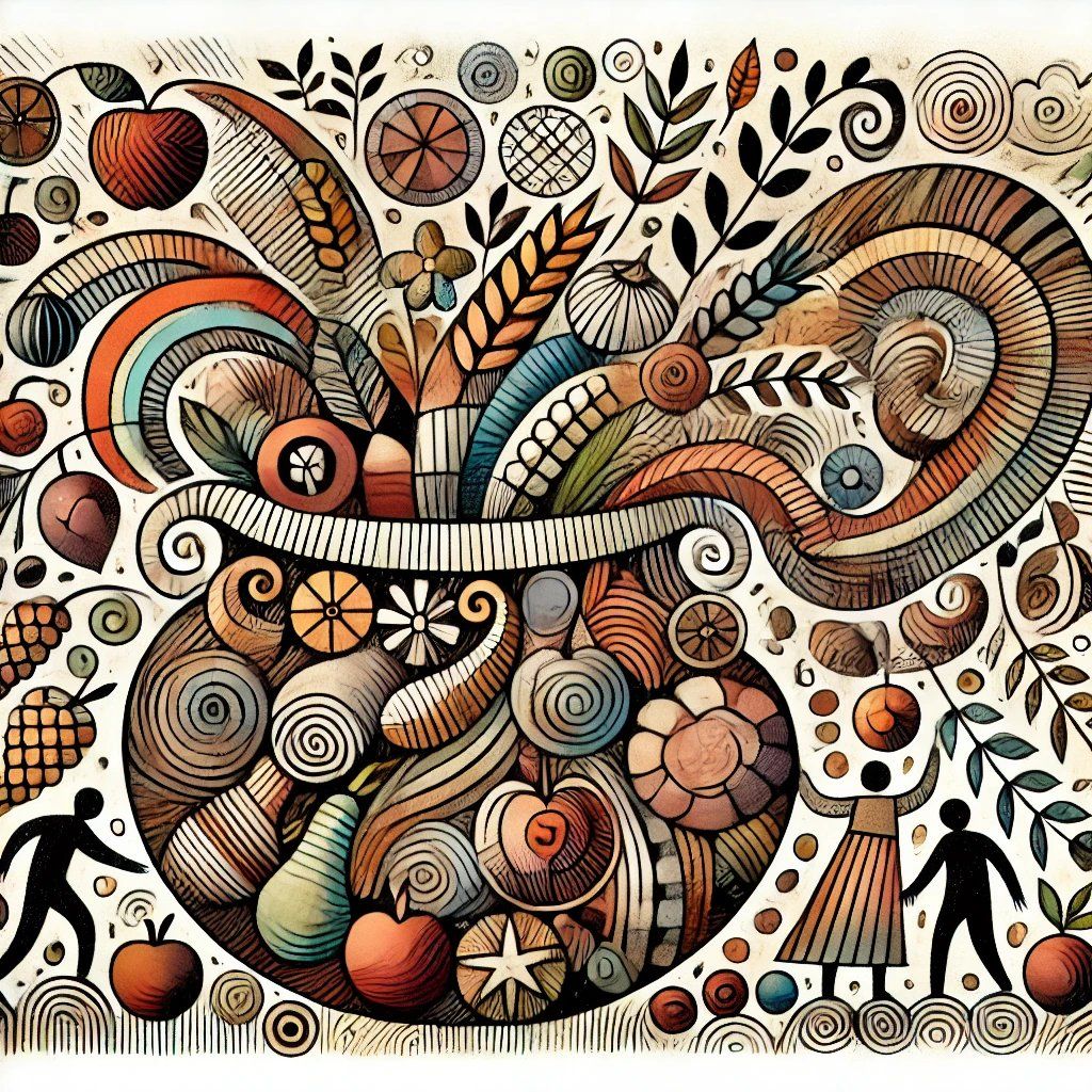 stylized painting or digital artwork depicting a large, central tree.  The tree is laden with round, orange fruits and has a trunk decorated...