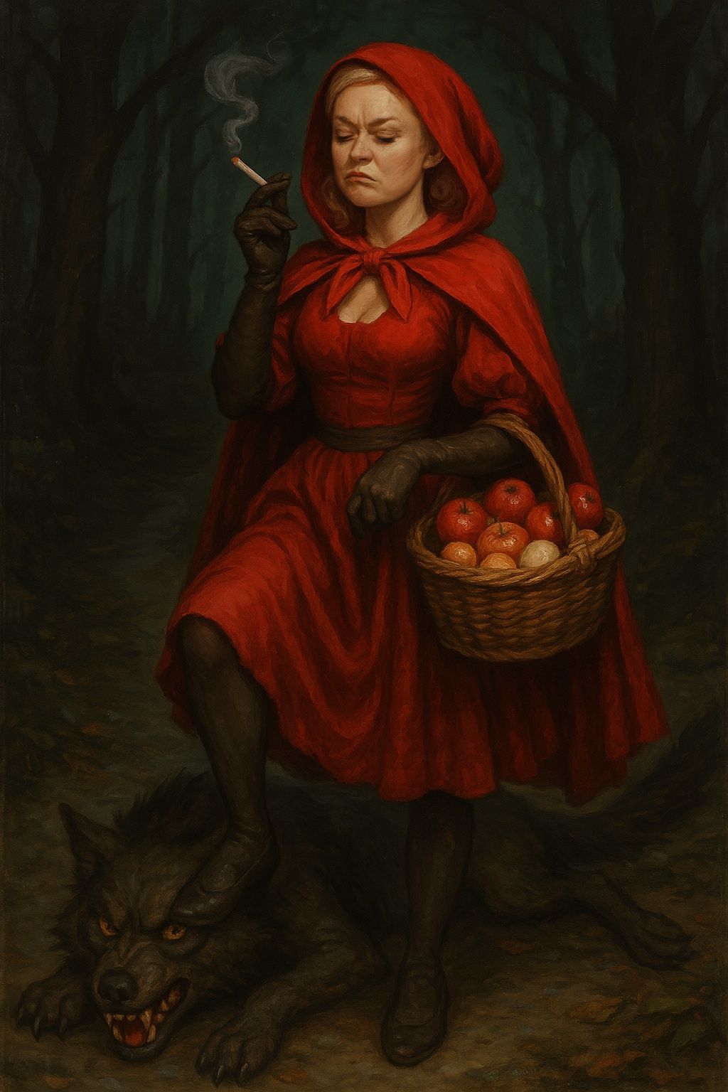 A young woman in a red cloak stands triumphantly on the center of a defeated wolf's head in a shadowy forest. She has a ...