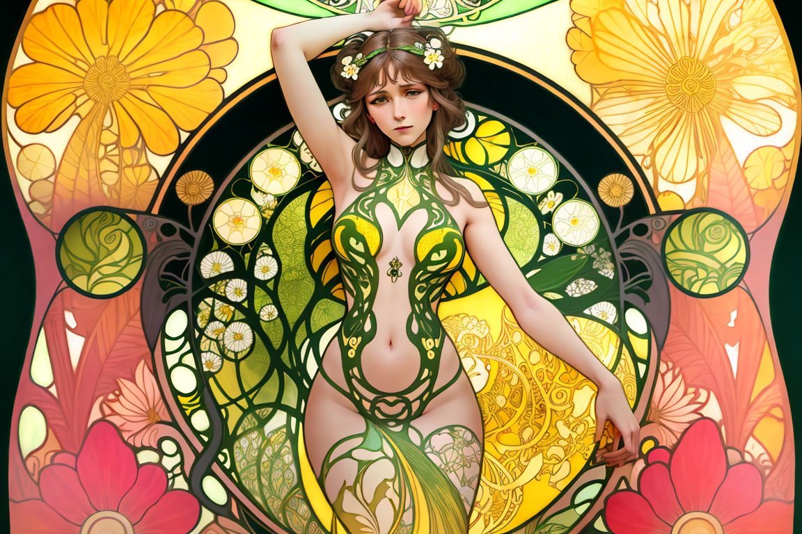 Woman covered in delicate flowers and decorative leaves