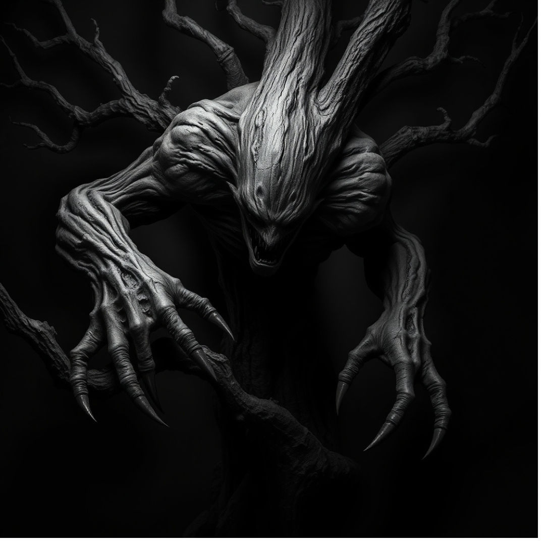 Monochrome image . A creature formed from a decaying tree. 