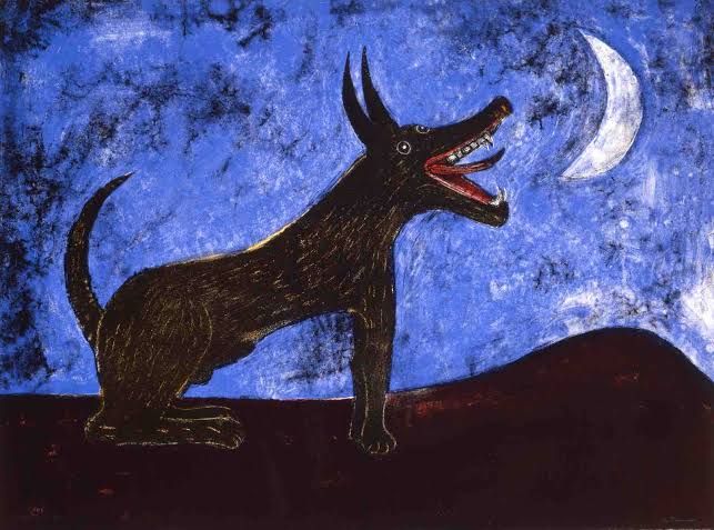 <lora:Miscelleni:1.0> Abstract dog howling, inspired by the style of Rufino Tamayo. The dog pose with its head tilted back, mouth open, and...