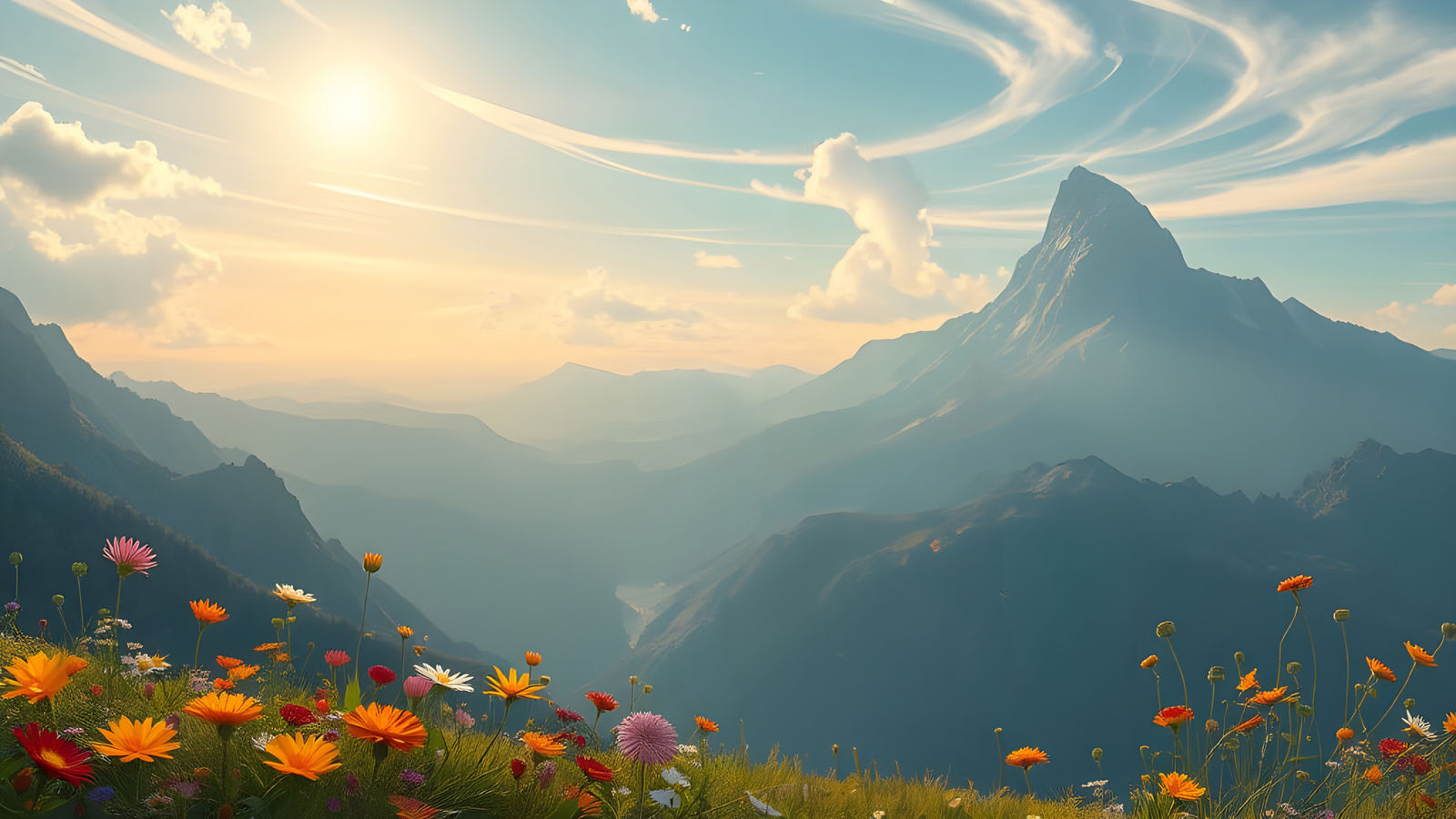 A serene mountain landscape with the flowers moving naturally in the wind. The camera slowly zooms in on an intricate go...