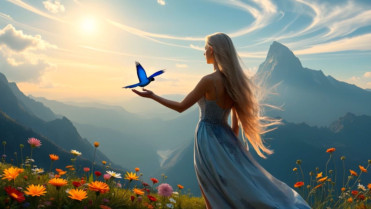 woman turns to face bird and smiles. The bird flies away and the lady lowers her hand. The flowers, her dress and hair s...