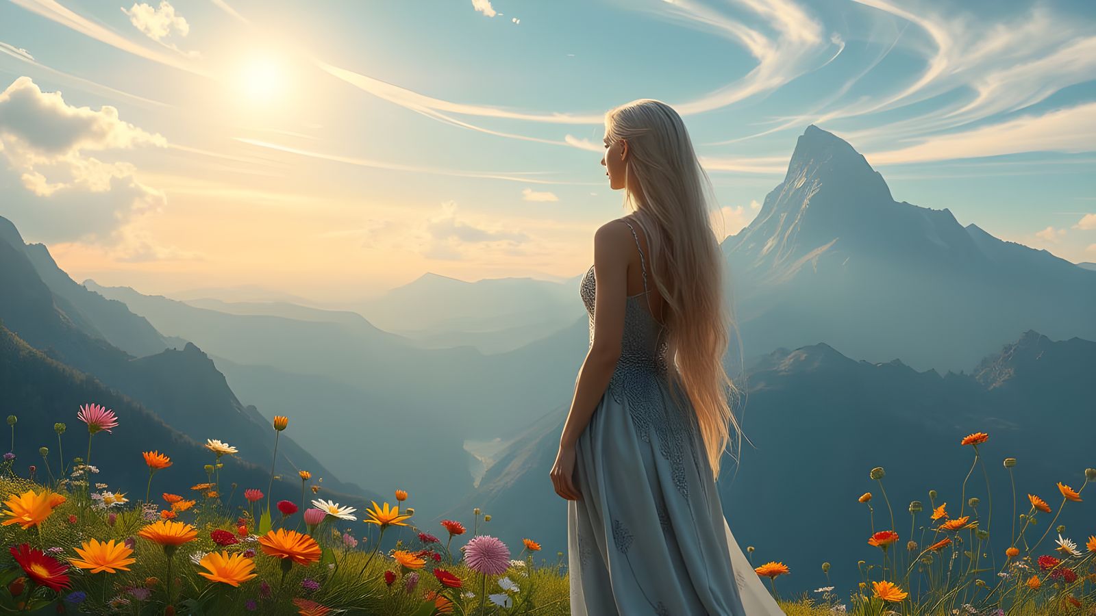 A breathtaking mountain landscape with a person in a flowing light blue dress with long blonde hair standing on a cliff ...