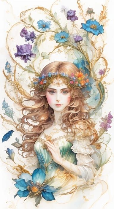 violine, sunny, romantic, beautiful, flowers, everywhere, harmony gouache color corrected split-complementary baroque colors detailed painti...